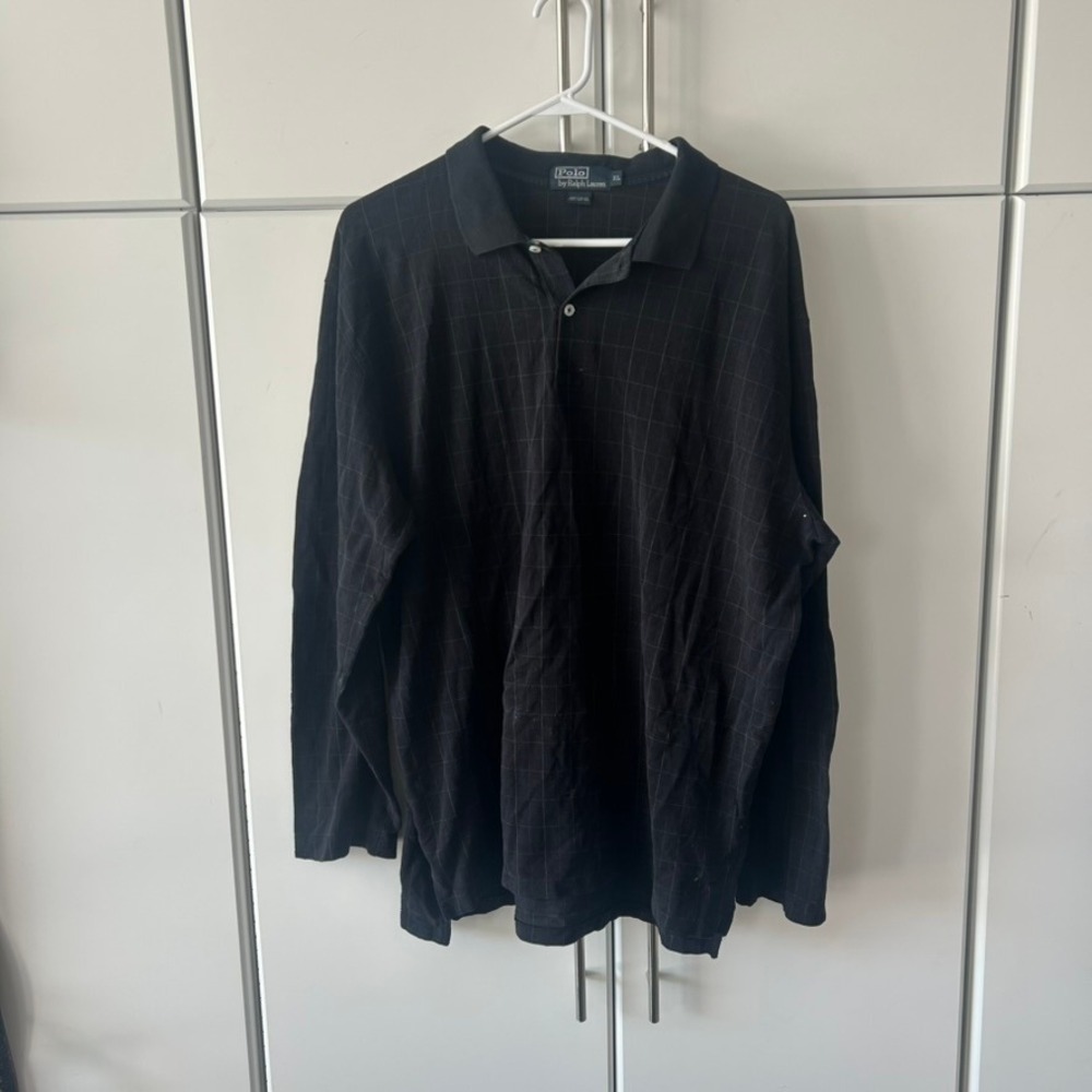 Polo Ralph Lauren Mens XL Black Purple Grid Long Sleeve Cotton Pique Polo Shirt